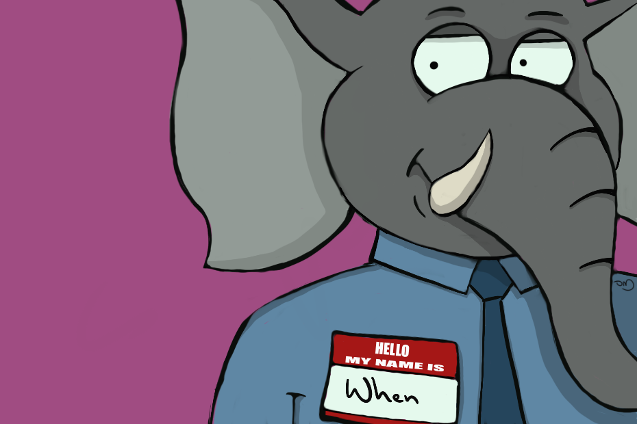 Elephant called “When” wearing a shirt and tie with name badge