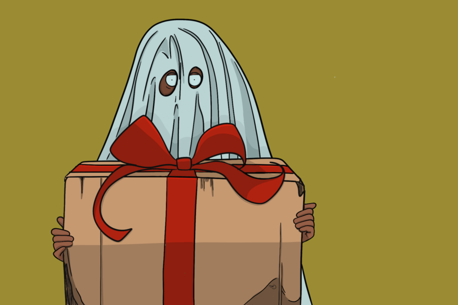 child dressed as ghost holding box wrapped as a present